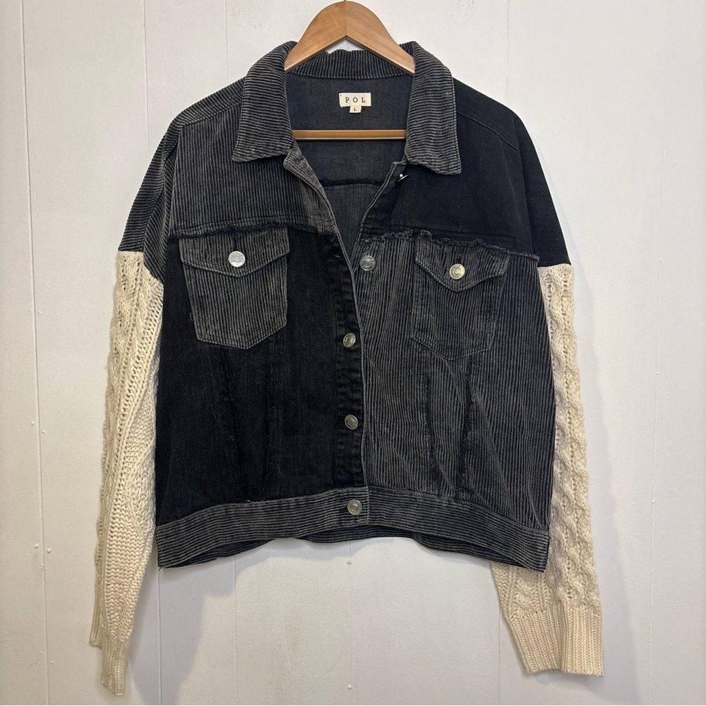 POL Denim Corduroy Sweater Jacket Cotton Black/Cream Boho Patchwork Size Large